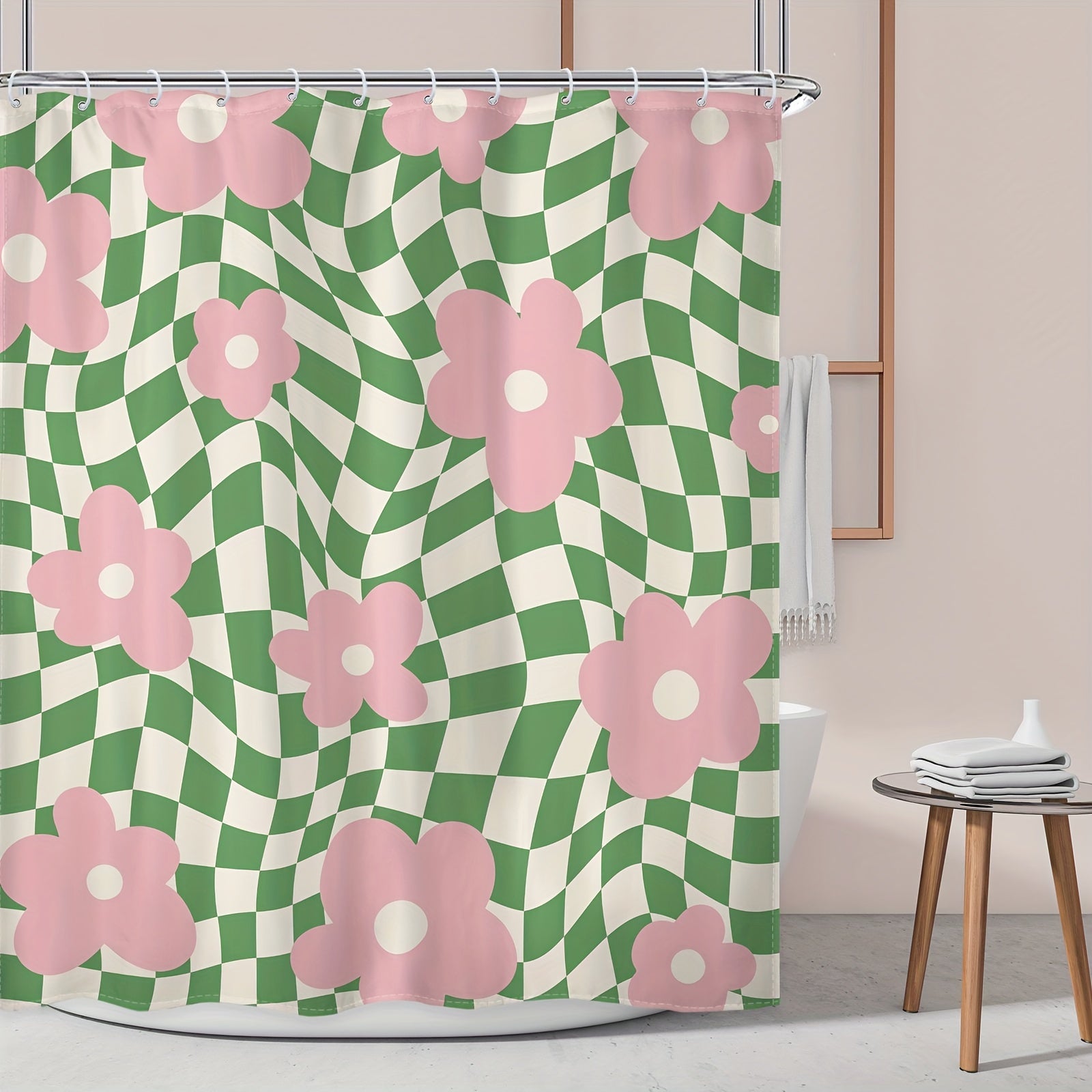 Polyester Shower Curtain Pink Green Floral Checkered 152x183 cm Waterproof Machine Washable
