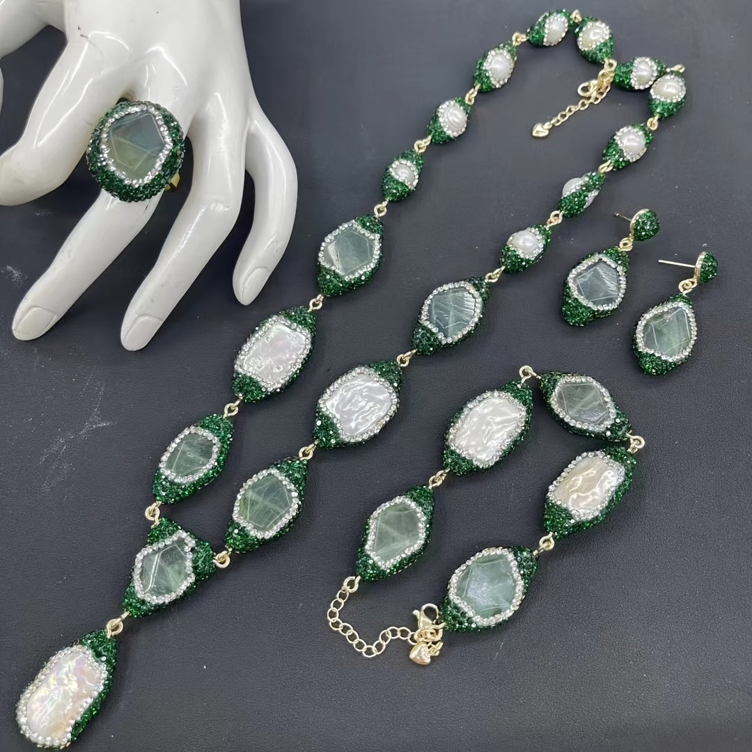 Boho Jewelry Set with Natural Stone and Baroque Pearl in 14K Gold Plated Copper