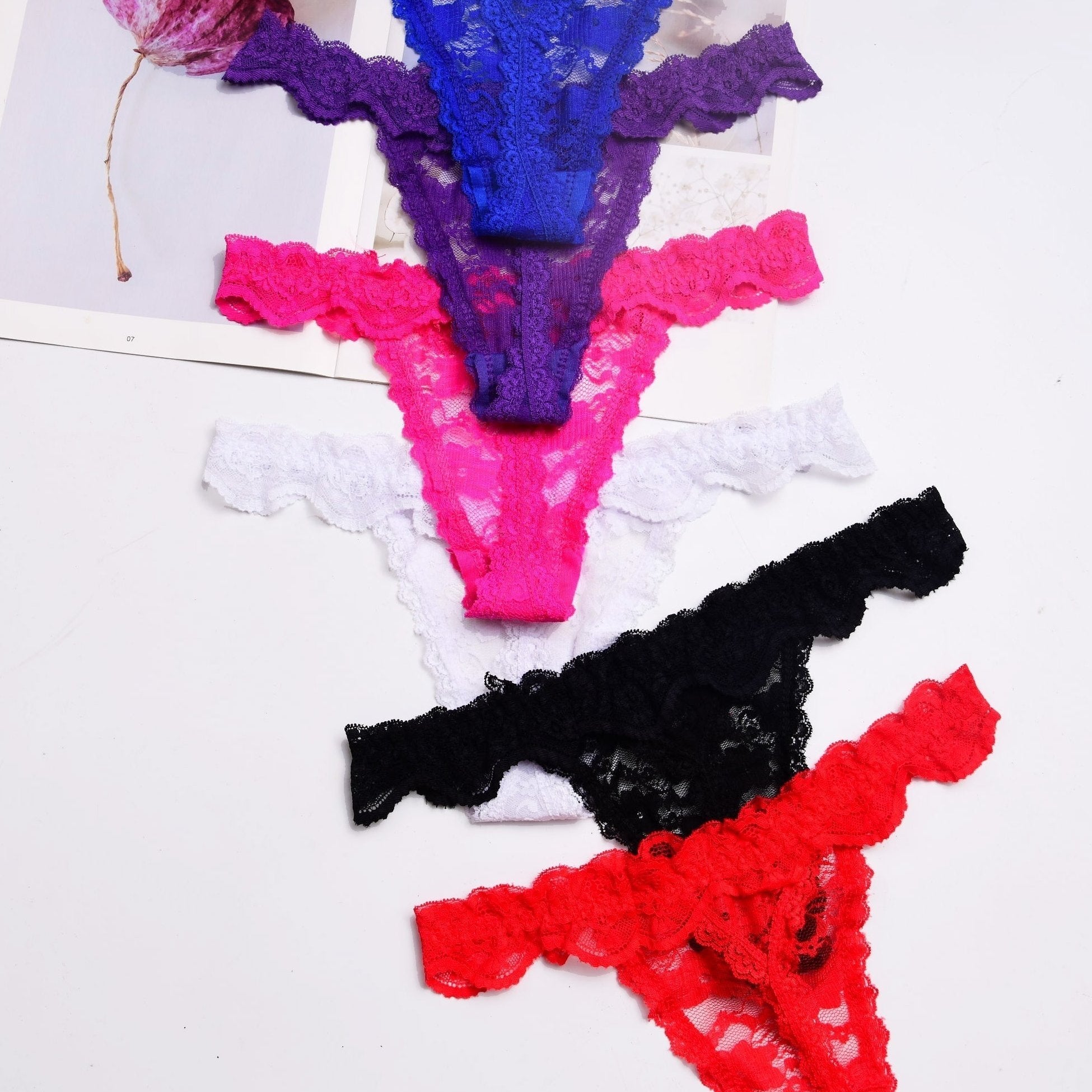 Women's Floral Lace Thongs 6-Pack Semi-Sheer Scallop Trim Comfortable Lingerie