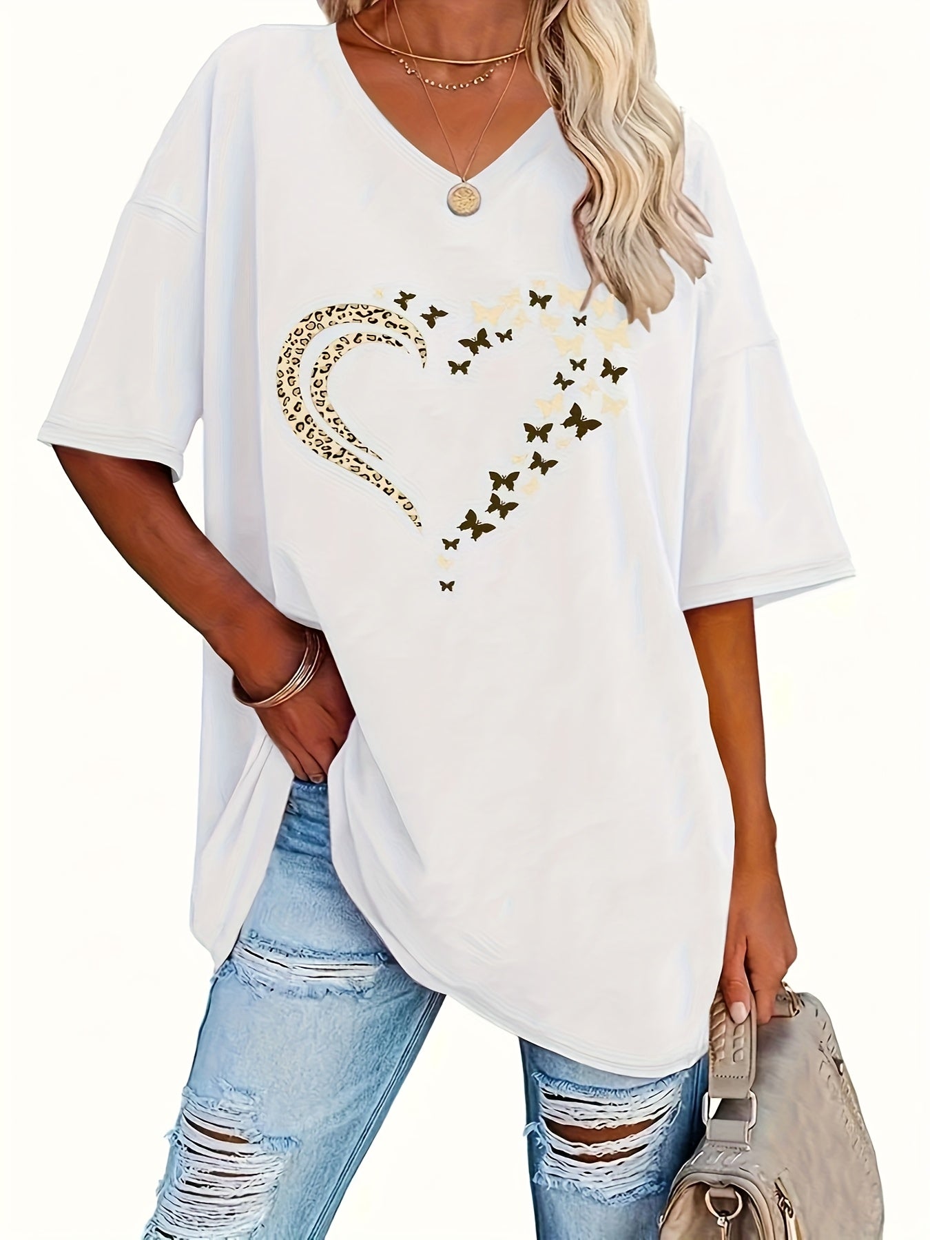 Women V-Neck Short Sleeve Loose T-Shirt Top for Spring Summer