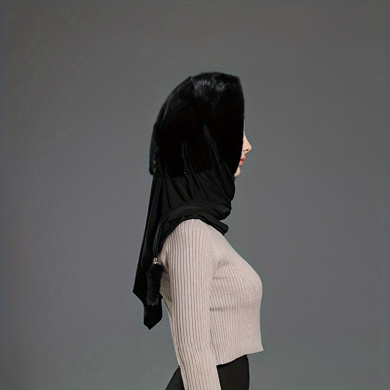 Qora rangda qizil aksentlar bilan bezatilgan zamonaviy ayollar uchun soxta mink mo'ynali sharf shlyapa, kuz/qish uchun mukammal.