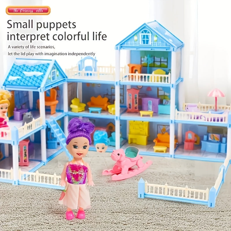 Luxury 4-Story Dollhouse Set with 4 Dolls and Accessories for Children Ages 3+ Pink or Blue