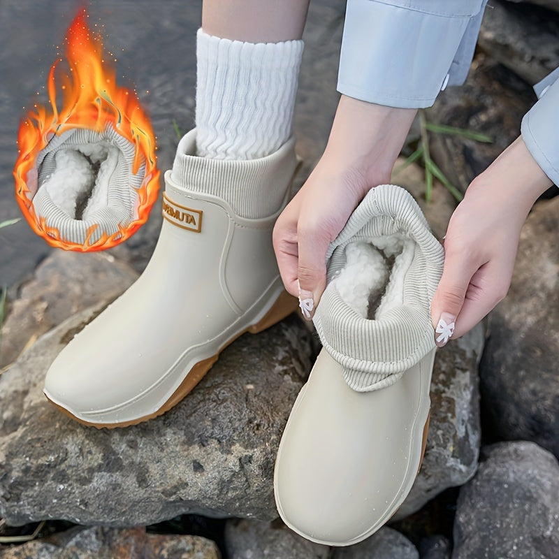 Women'S Fleece-Lined Rain Boots Slip-On Ankle Waterproof Garden Shoes