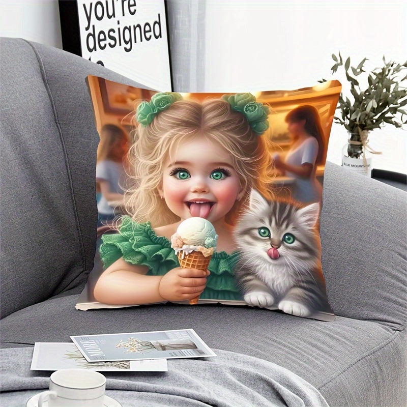Girl and Kitten Print Plush Pillowcase 44.96cm Decorative Pillow for Home Decor