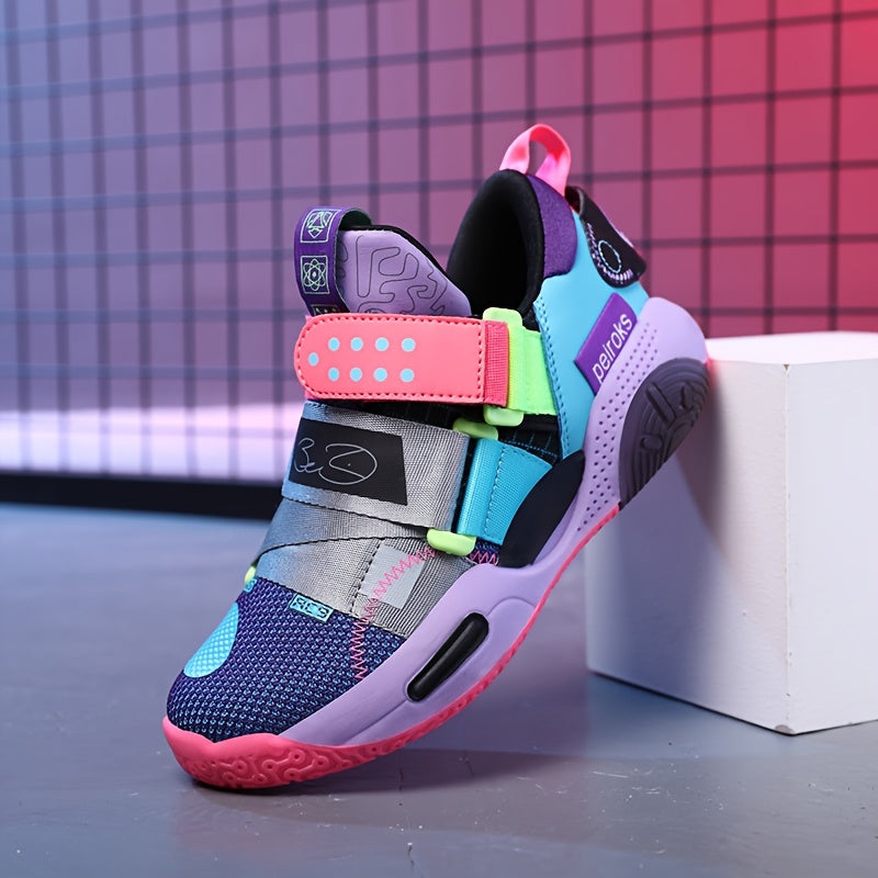 Kids' Colorful Mesh Basketball Shoes with Non-Slip Rubber Sole and Hook-and-Loop Strap