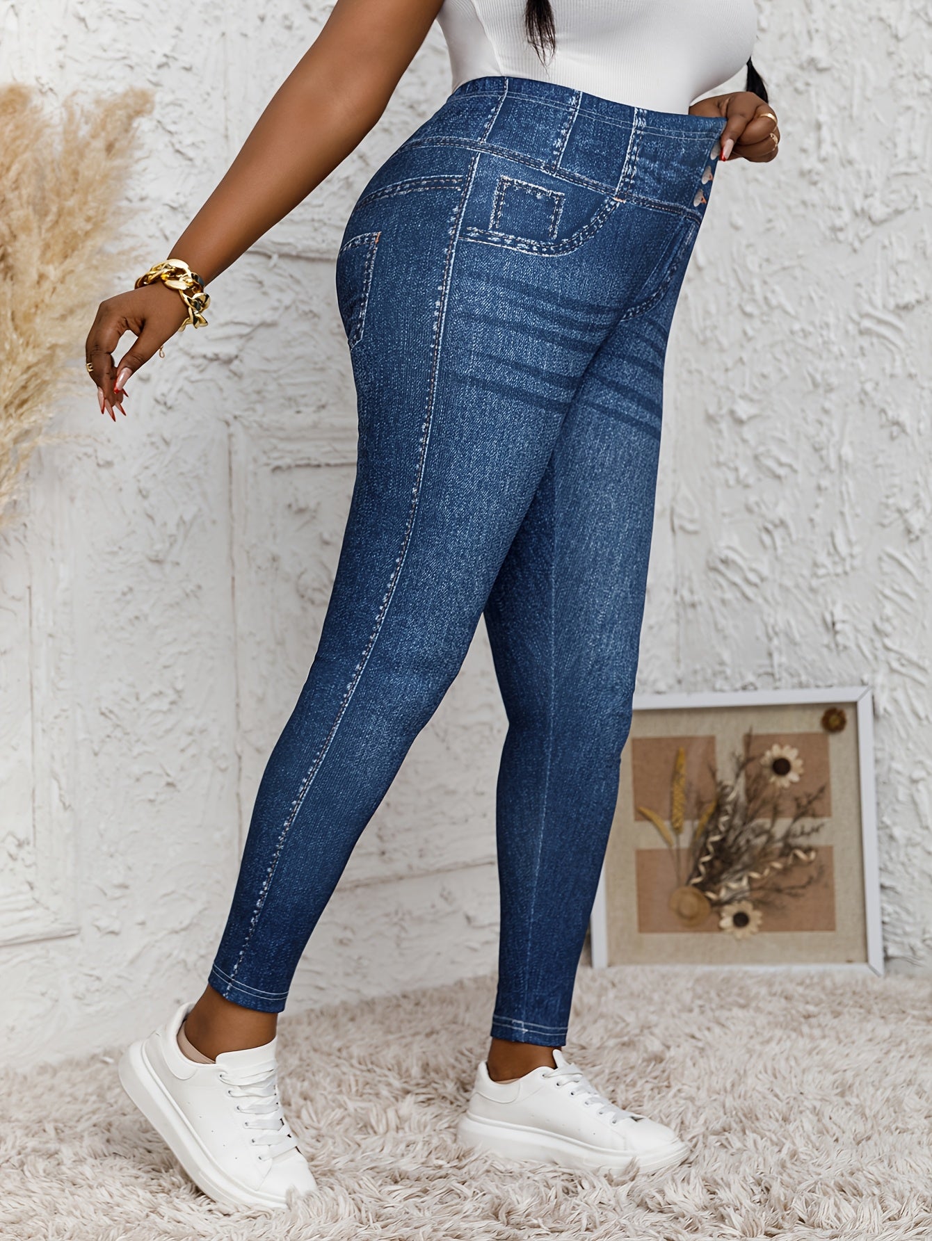 Leggings de talla grande para mujer con cintura alta y estampado digital, con falso bolsillo