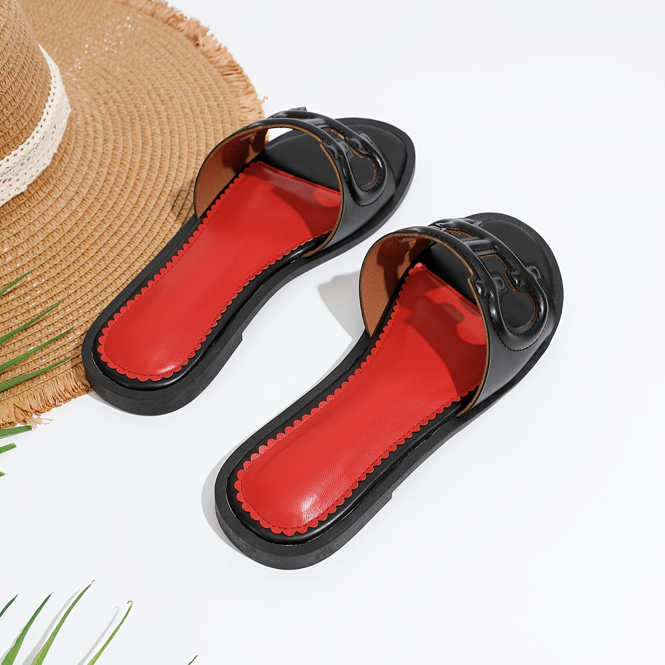 Women's Summer Slip-On Slippers Black PU Open-Toe Flat Casual