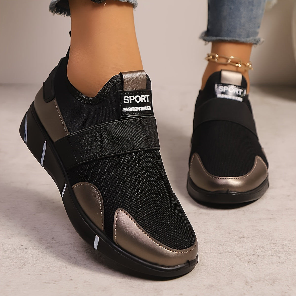 Women's Slip-On Sneakers Lightweight Knit Breathable Casual Shoes Black Gold