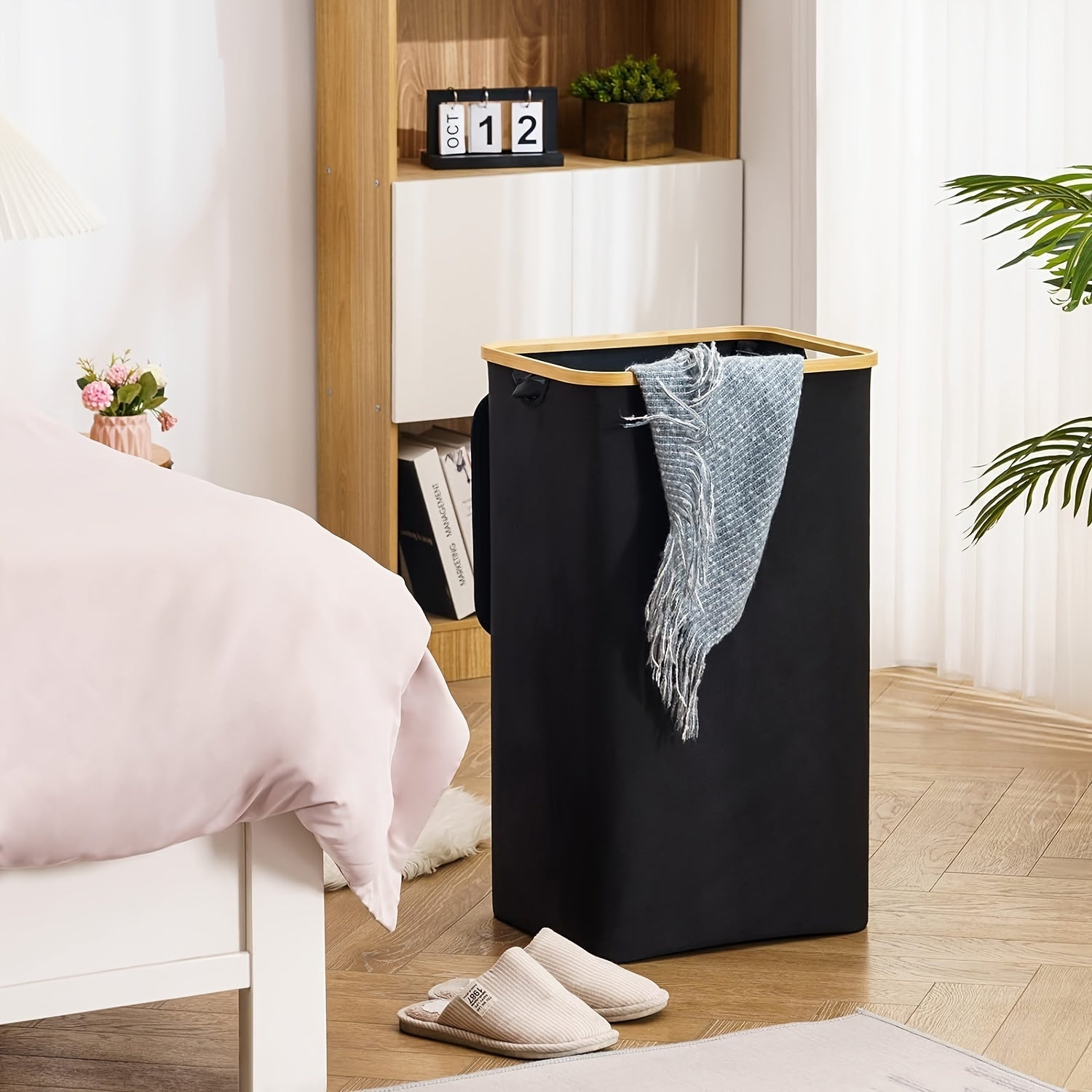 Gran cesta de lavandería de 100L con tapa, asas, plegable, impermeable, bolsa removible para baño, dormitorio, residencia universitaria