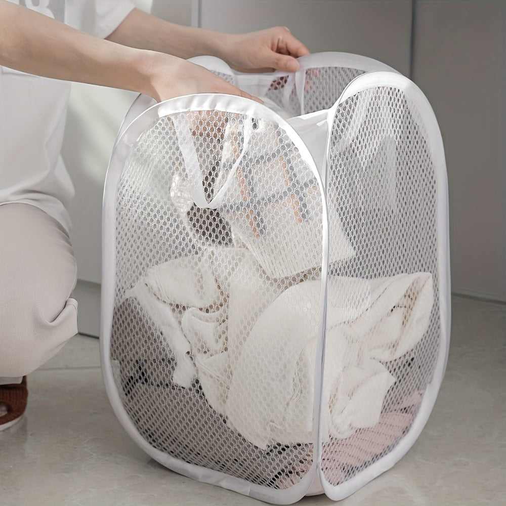 Round Mesh Laundry Hamper with Handles Collapsible Durable Polyester Fiber Storage Bin