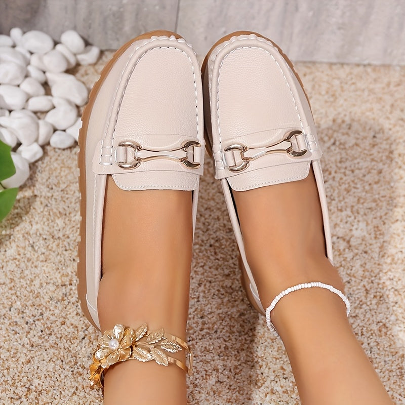 Women's Slip-On Loafers PU Cover Upper TPR Sole Metallic Buckle All-Season Flats