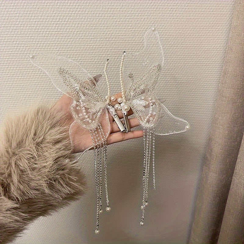 Women's Embroidered Butterfly Wing Hair Clips with Faux Pearl Tassel and Non-Slip Duck-Billed Clamp