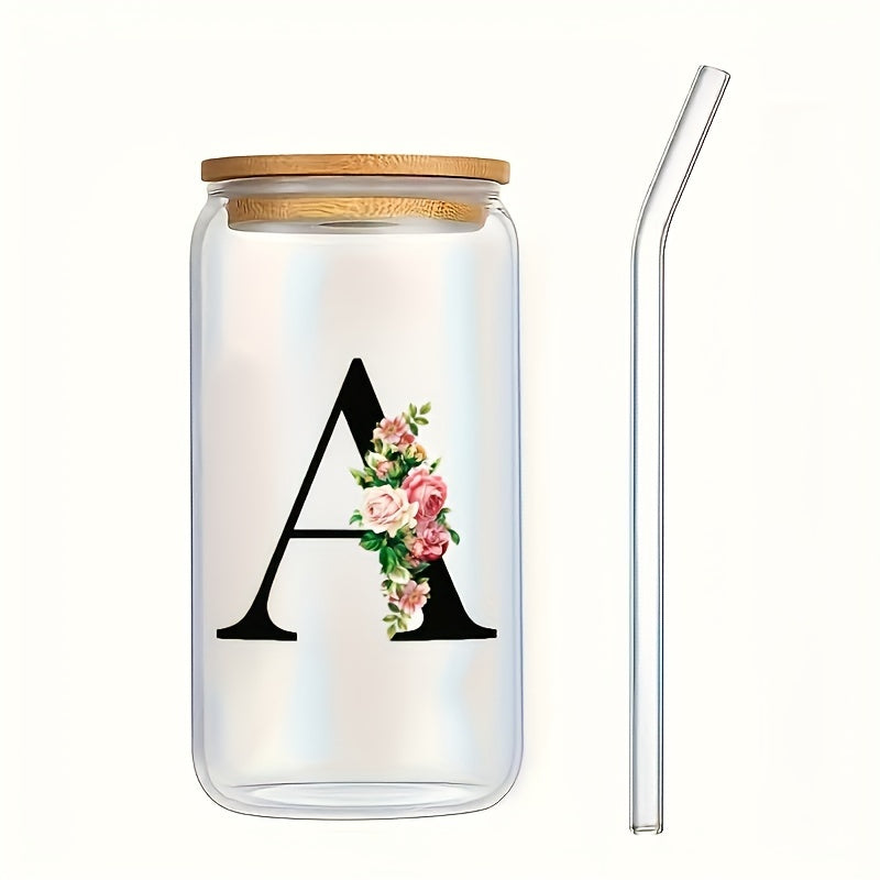 Flowers Drinking Glass with Bamboo Lid and Straw 16oz Coffee Mug for Women Girls