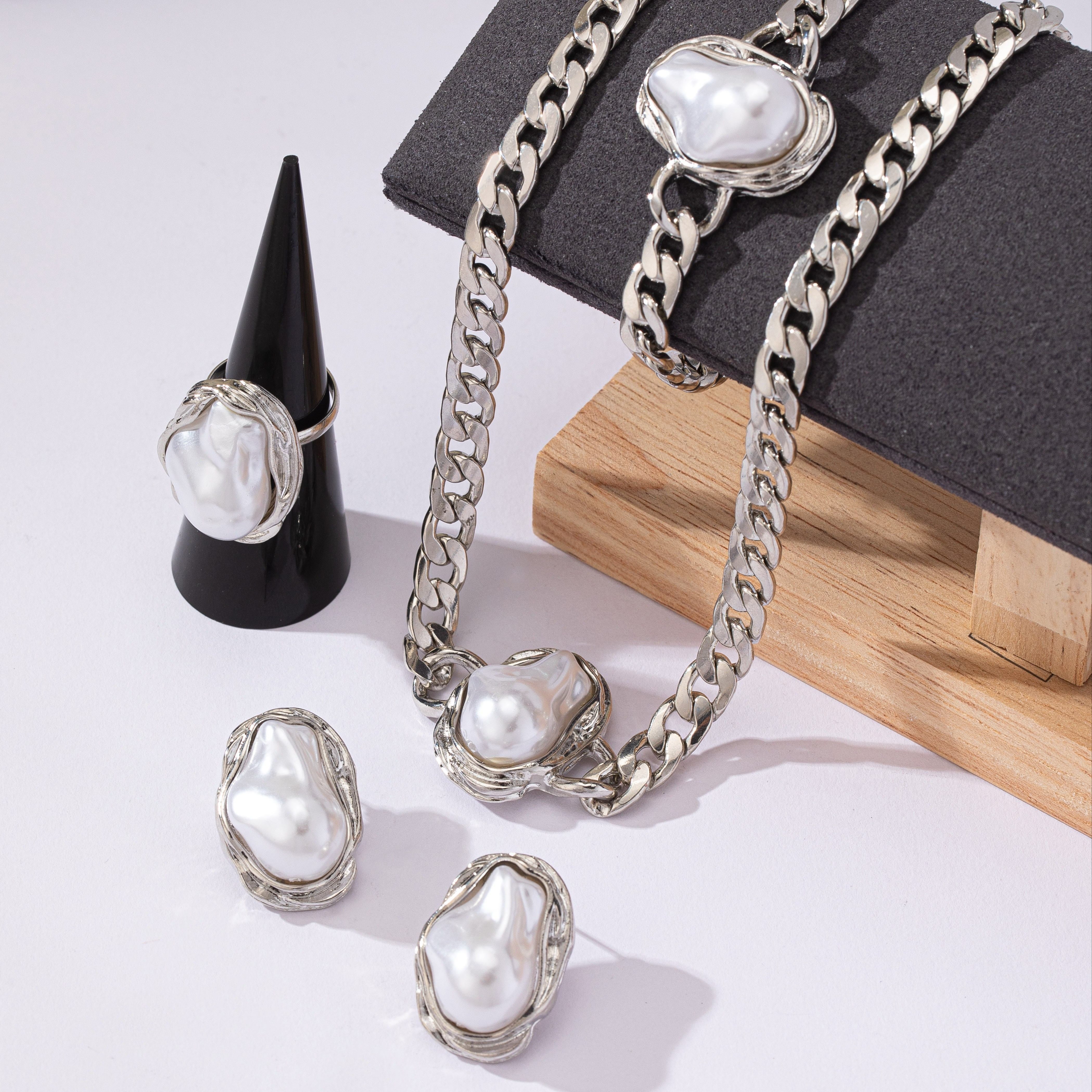 Women's Jewelry Set with Faux Pearl Pendant Necklace Bracelet Earrings Casual Style