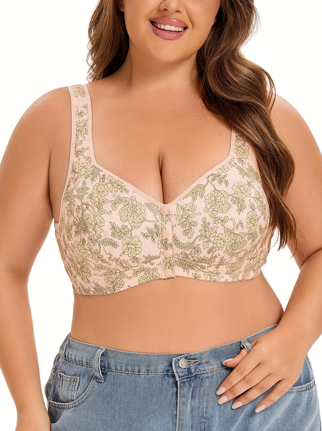 Plus Size Floral Knit Wireless Bralette with Front Button No Padding