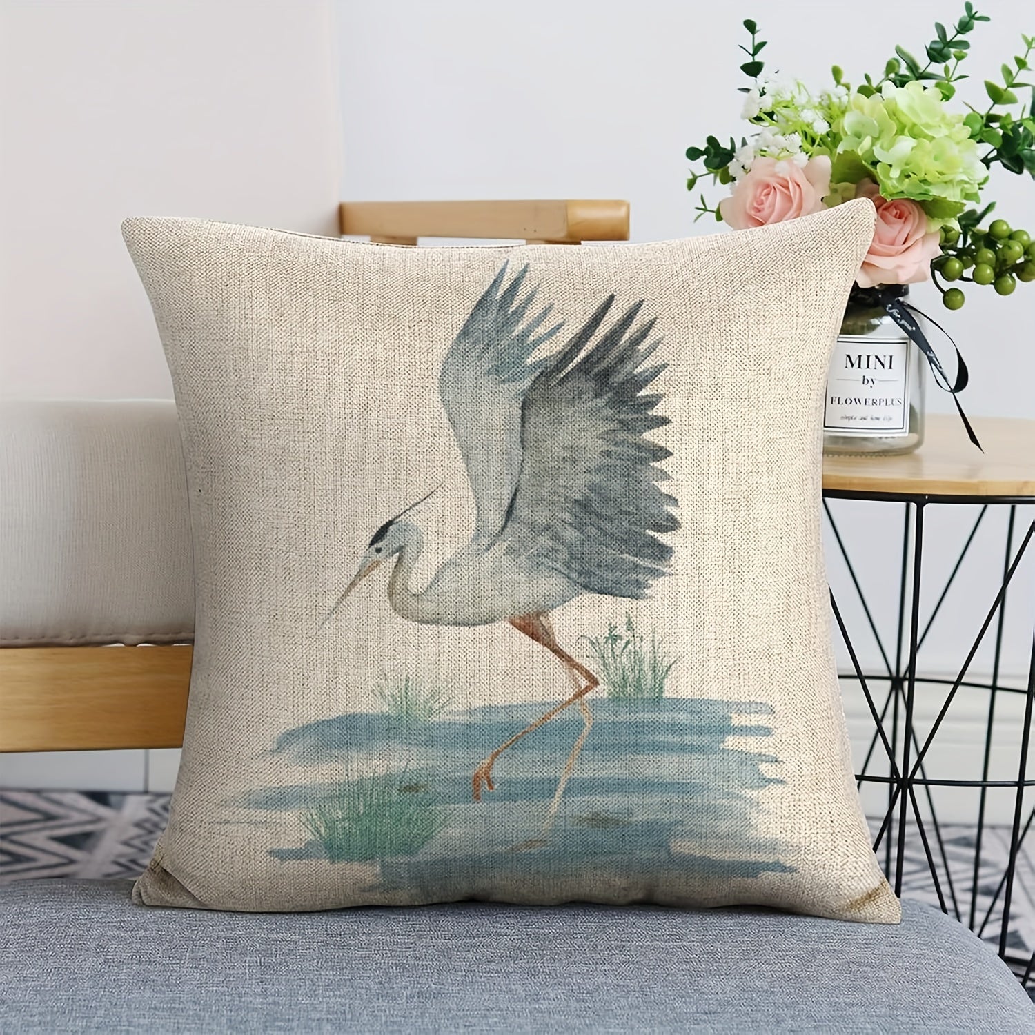 Heron Bird Linen Pillowcase Beige Blue Gray Zipper Machine Washable 1pc