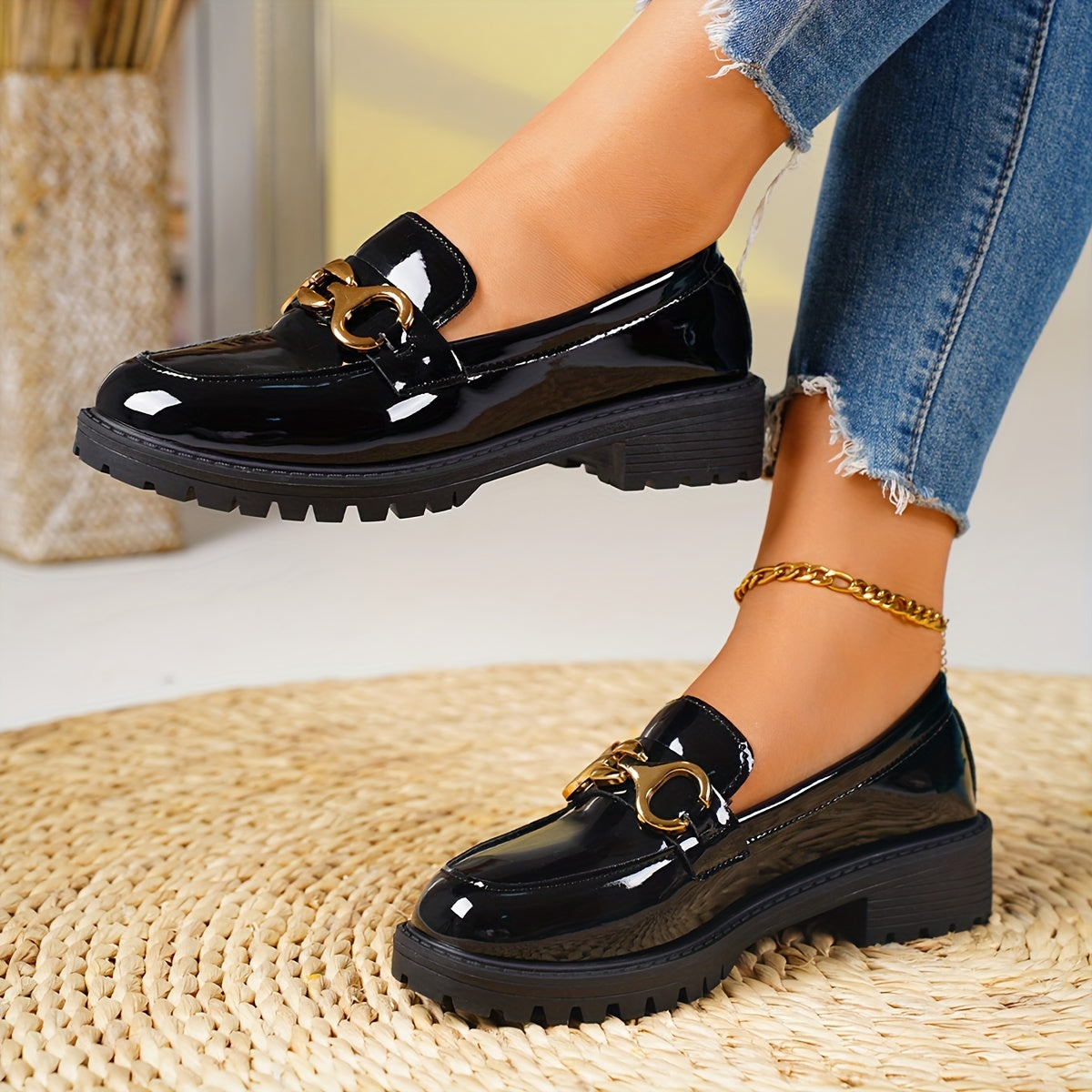 Women Solid Color Penny Loafers Water-Resistant Slip-On Casual Shoes