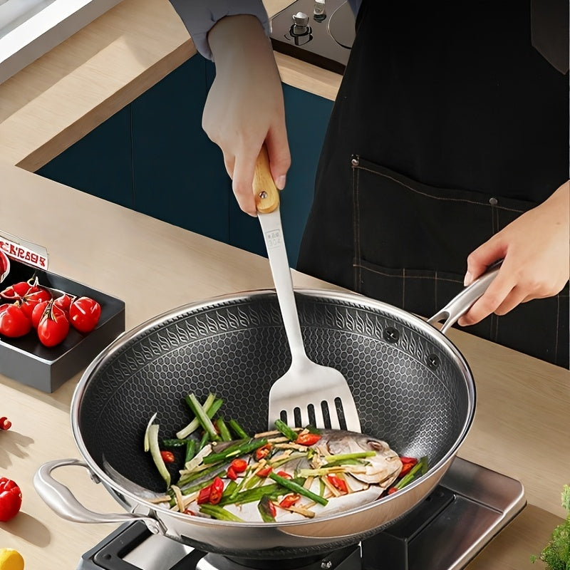 Juego de wok de acero inoxidable con tapa y espátula, sartén antiadherente para saltear y cocinar