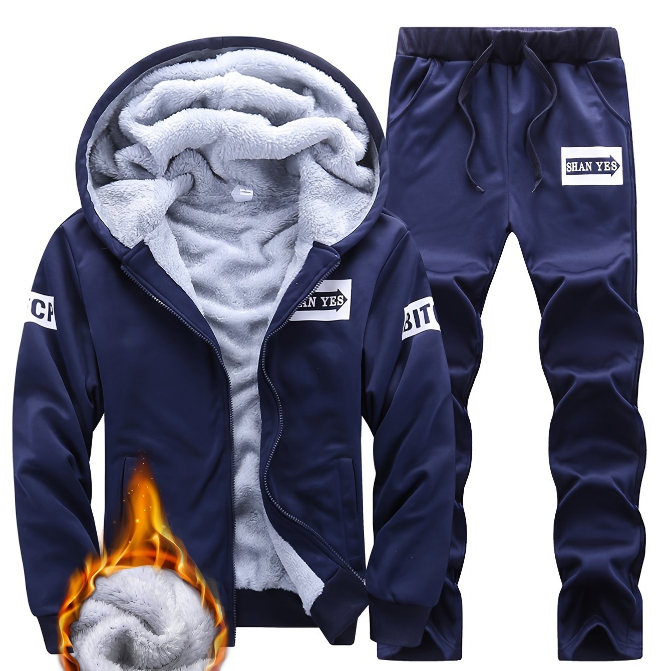 Men's Winter Fleece-Lined Hooded Jacket and Joggers Set Polyester Casual Warm Athletic