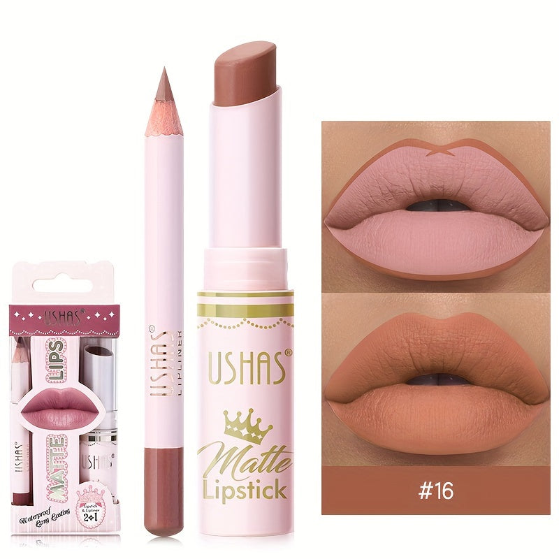 Set de lápiz labial mate y perfilador de labios para mujer, a prueba de agua, tono nude, con alto pigmento
