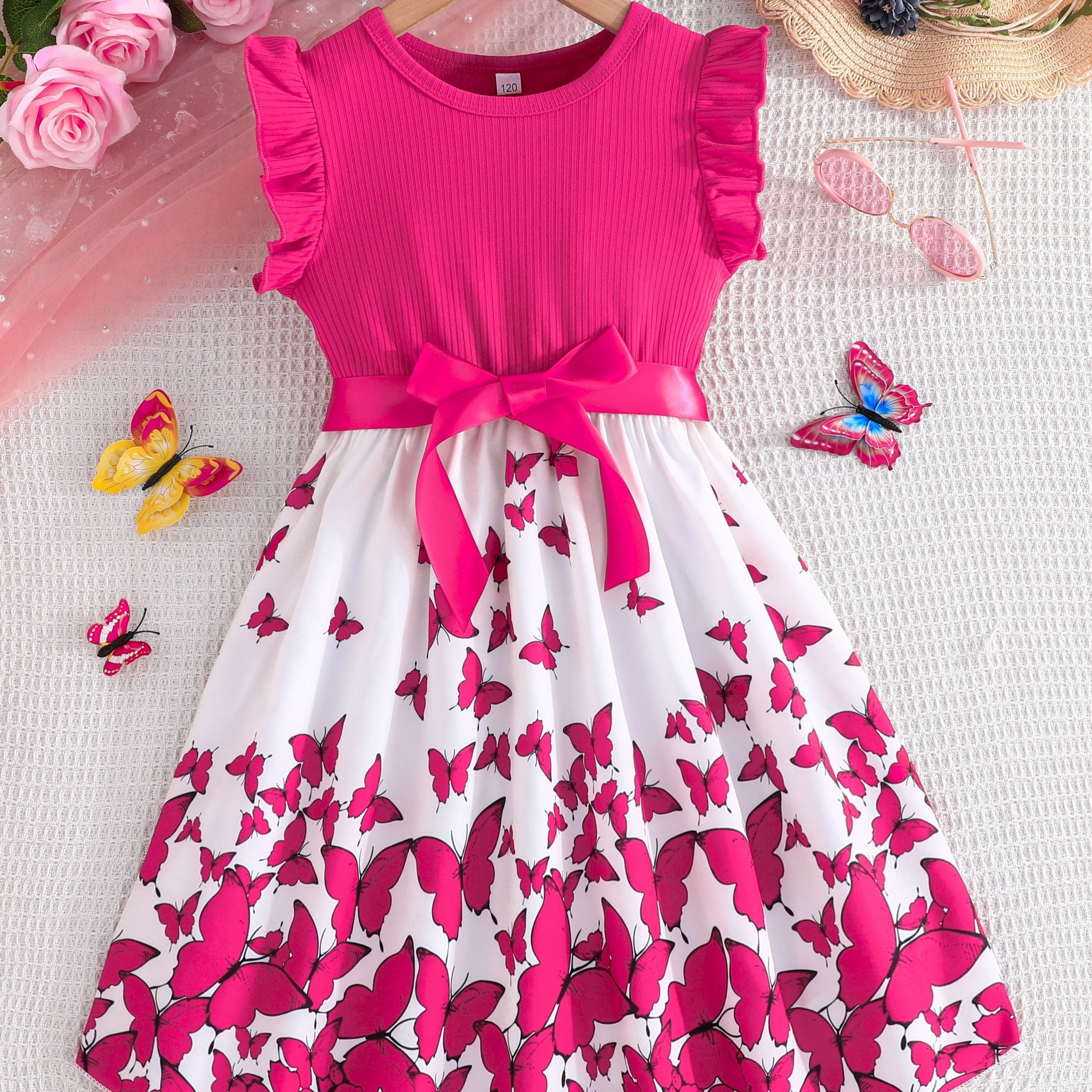 Girls Summer Butterfly Print Patchwork Dress with Belt and Sleeveless Ribbed Cuff Sleeves