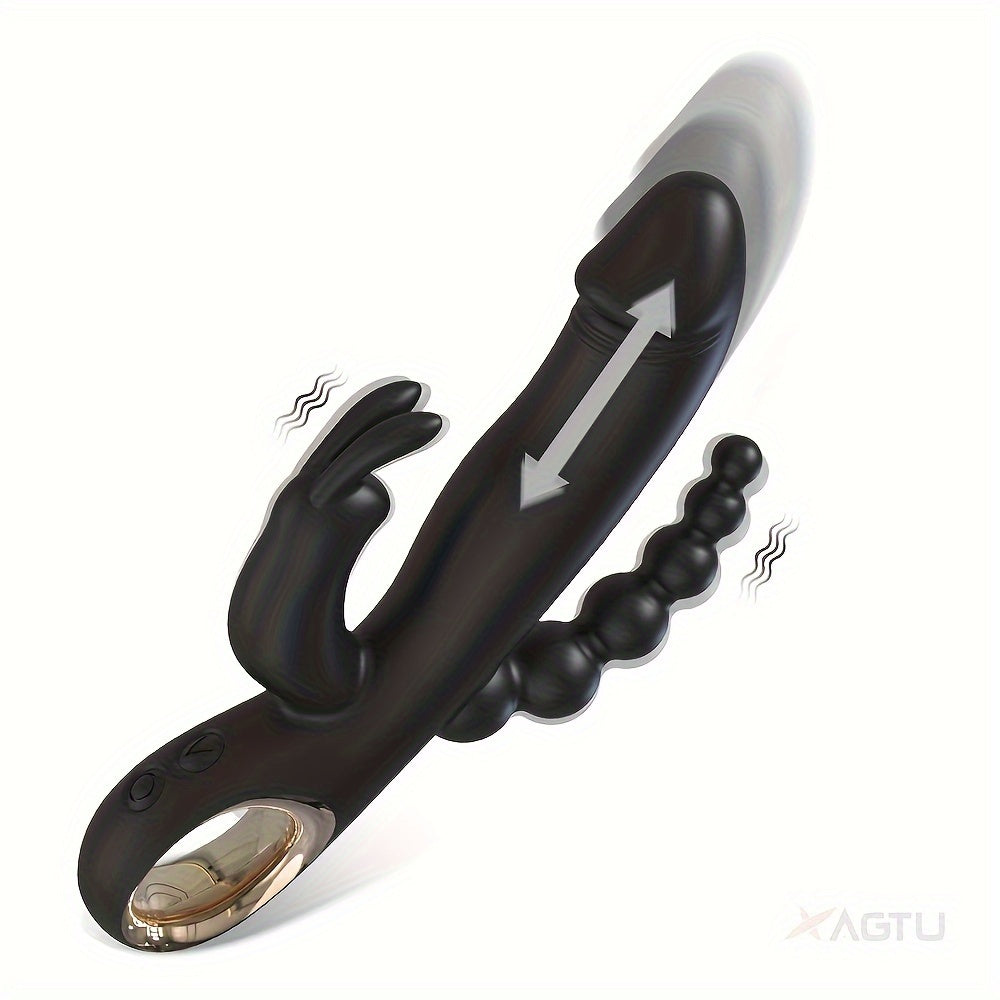 Mujer Dildo de silicona con movimiento de empuje, vibrador con orejas de conejo, estimulador de punto G y anal