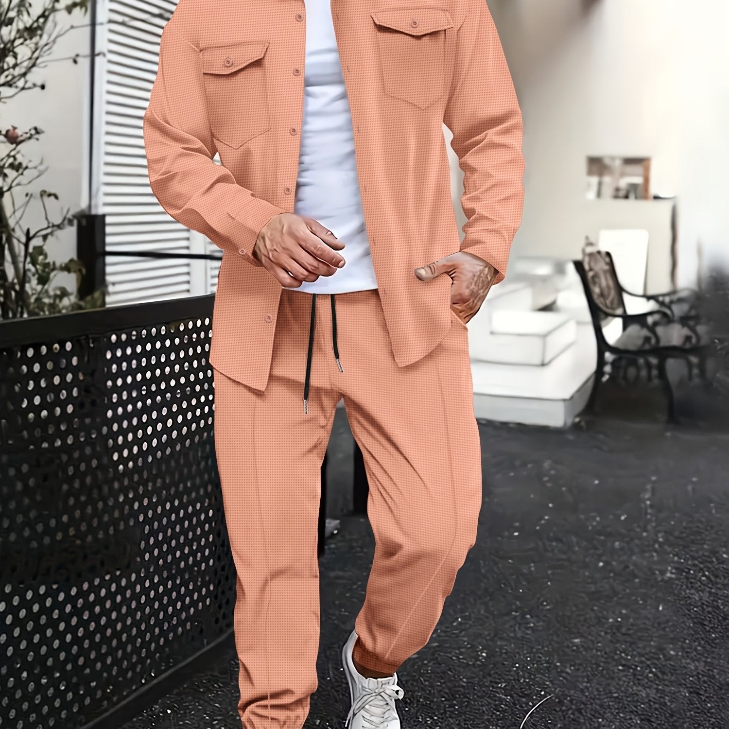 Men's Casual Sports Suit Set Long Sleeve Polyester Shirt with Pockets and Pants