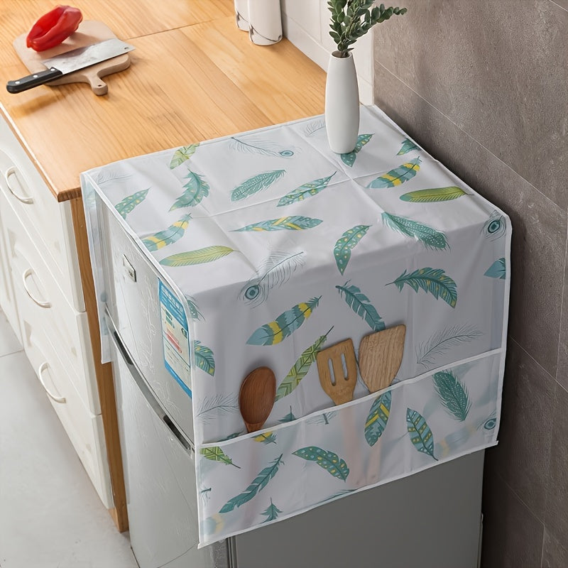 Feather Print Dust Cover for Refrigerator and Washing Machine Water Oil Resistant Storage Pockets