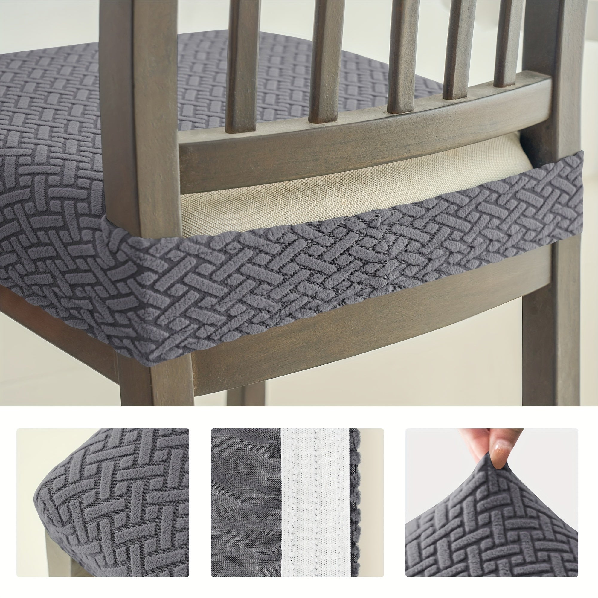 Zamonaviy jakard matosidan tayyorlangan cho'ziluvchan T-shaklidagi stul qoplamasi, mashinada yuvish mumkin, elastik lenta bilan yopiladi. Stilizatsiya qilingan uy dekoratsiyasi uchun spandeks/polister aralashmasi.