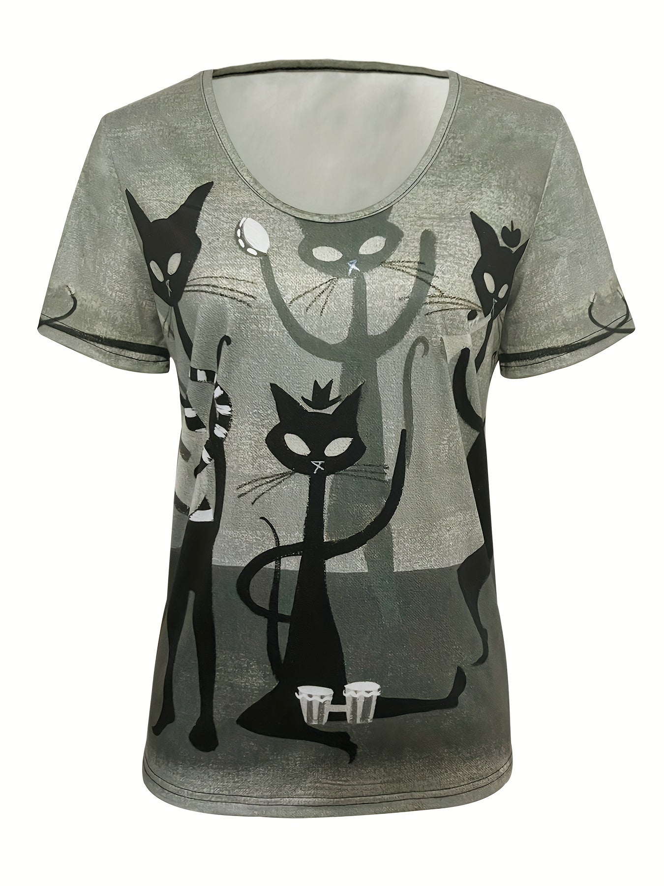 Women's Casual Cat Print T-Shirt for Spring and Summer Polyester V-Neck Short Sleeve