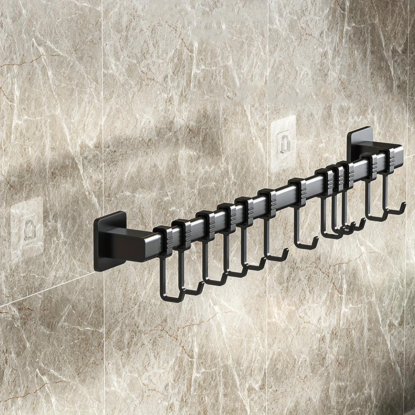 Contemporary Wall-Mounted Kitchen Utensil Holder with Movable Hooks and Organizer Shelf