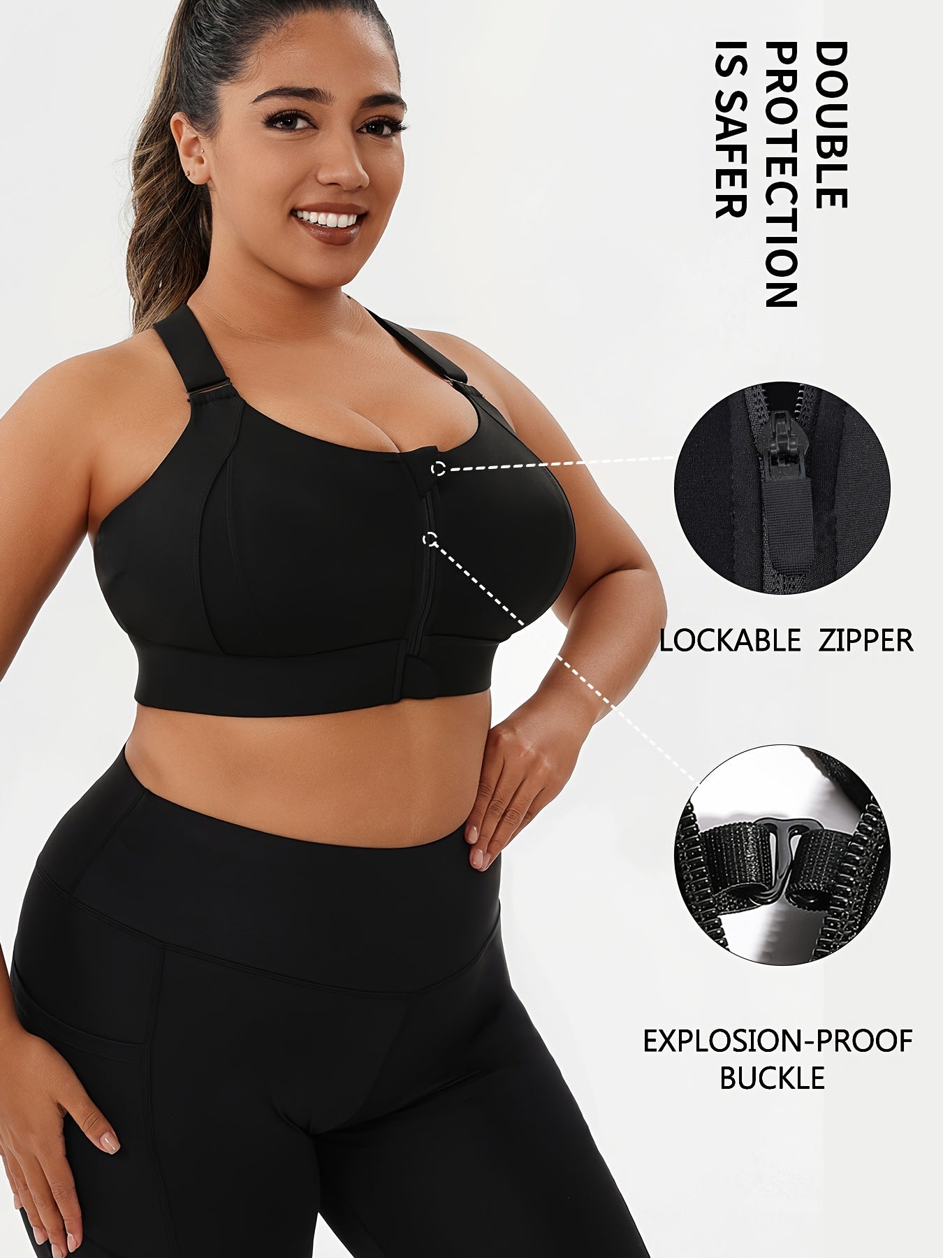 Plus Size Women's High Support Sports Bra Front Zipper Adjustable Cross Back Black