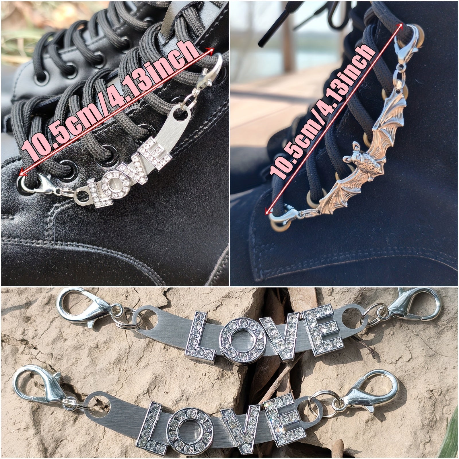 Women Gothic Shoe Charms 2pcs Bat Wing Love Letter Lace Chain Zinc Alloy