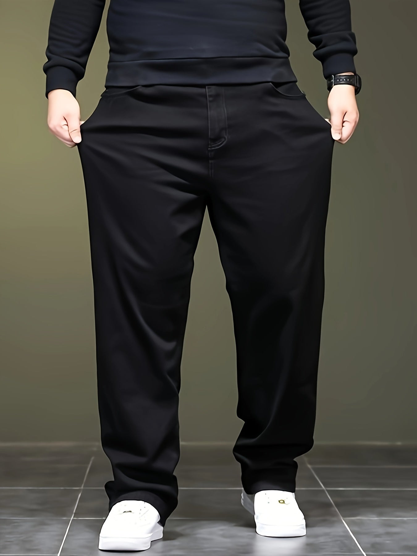 Plus-Size Men Denim Pants Spring Fall Casual Straight Leg Woven Medium Stretch