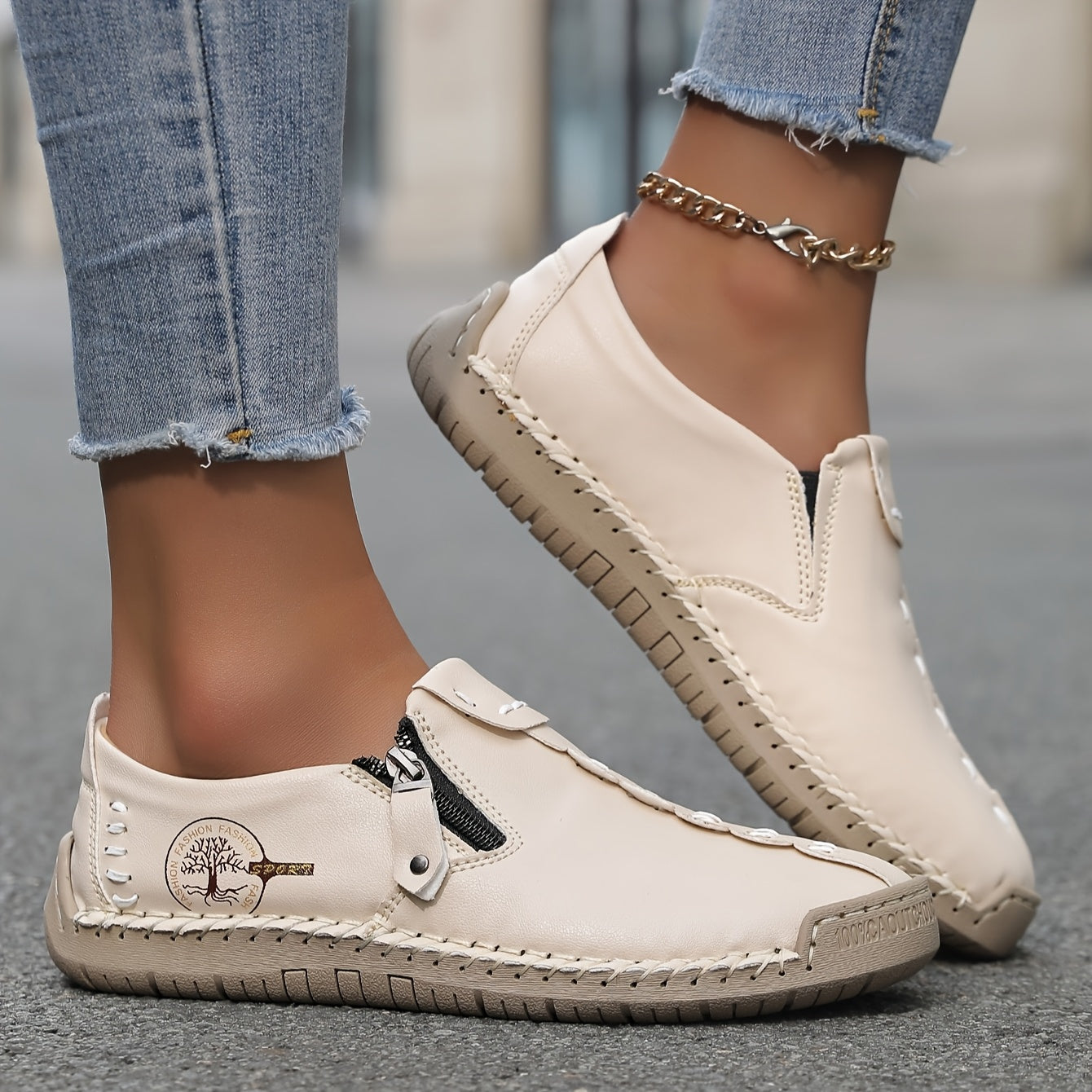 Women's Faux Leather Loafers with Elastic Panels Non-Slip Rubber Sole
