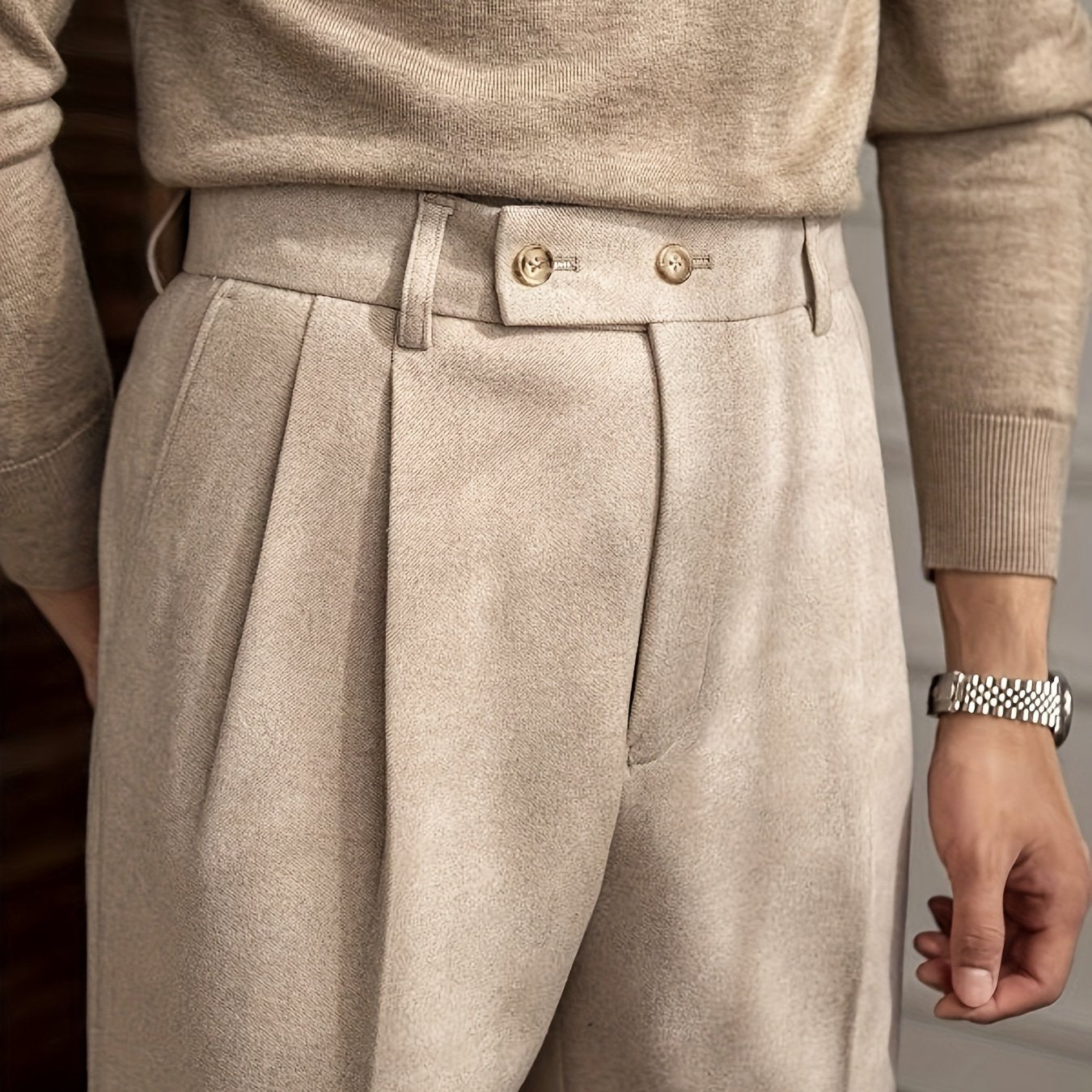 Pantalones de estilo británico de cintura alta para hombre, color sólido, con elastano, para otoño e invierno, trabajo