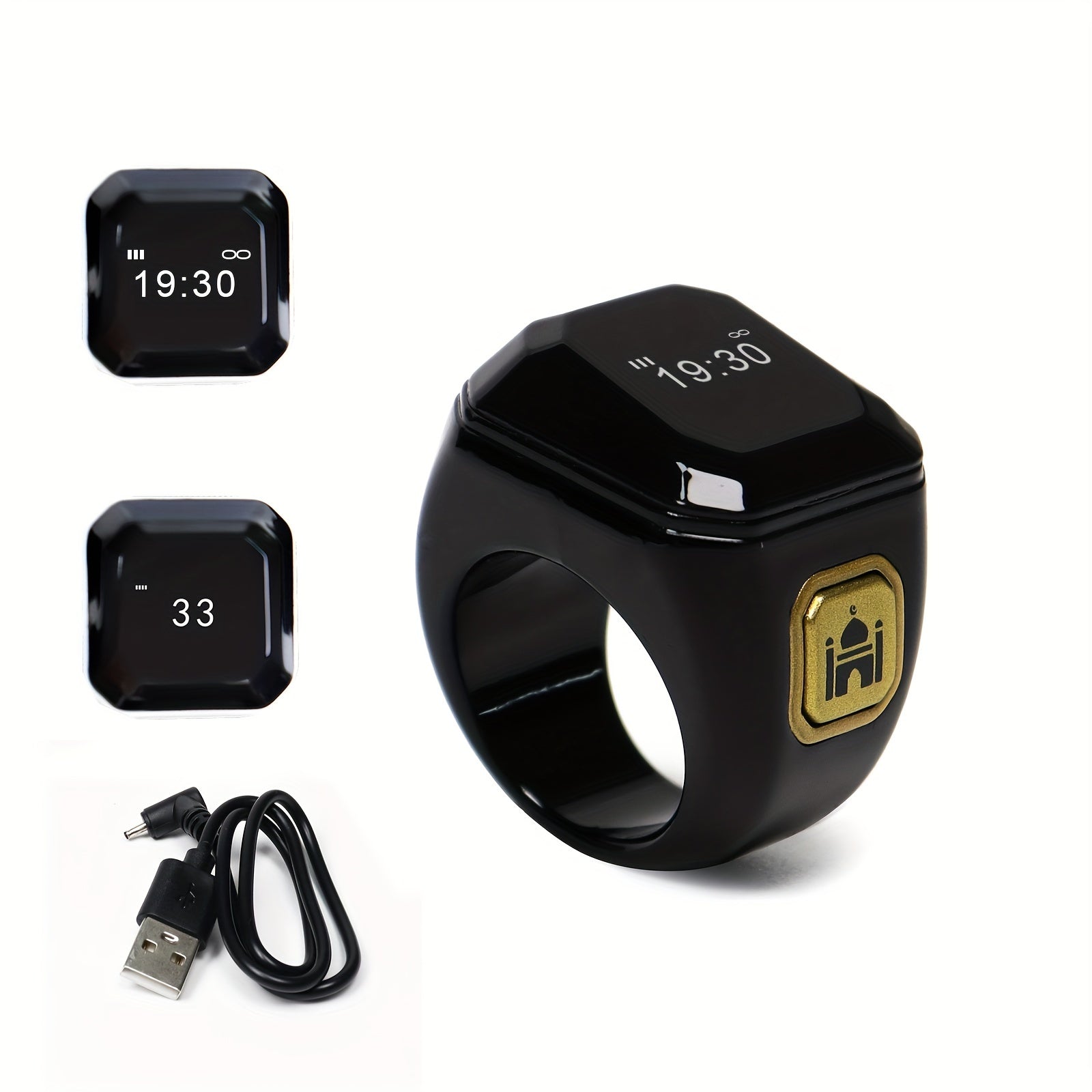 Black Smart Zikr Ring with 0.49 Inch Display Wireless Prayer Counter Compass and App Control