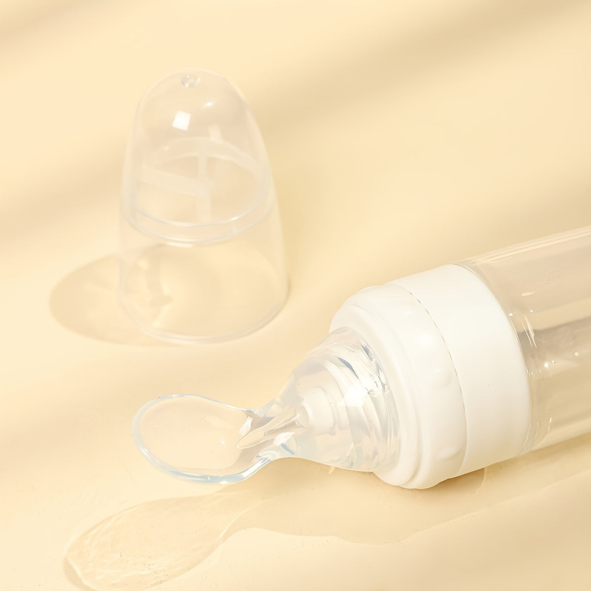 90ml Silicone Baby Feeding Bottle with Soft Spoon Head Self-Feeding Squeeze and Suction Cup in White Red Blue Yellow