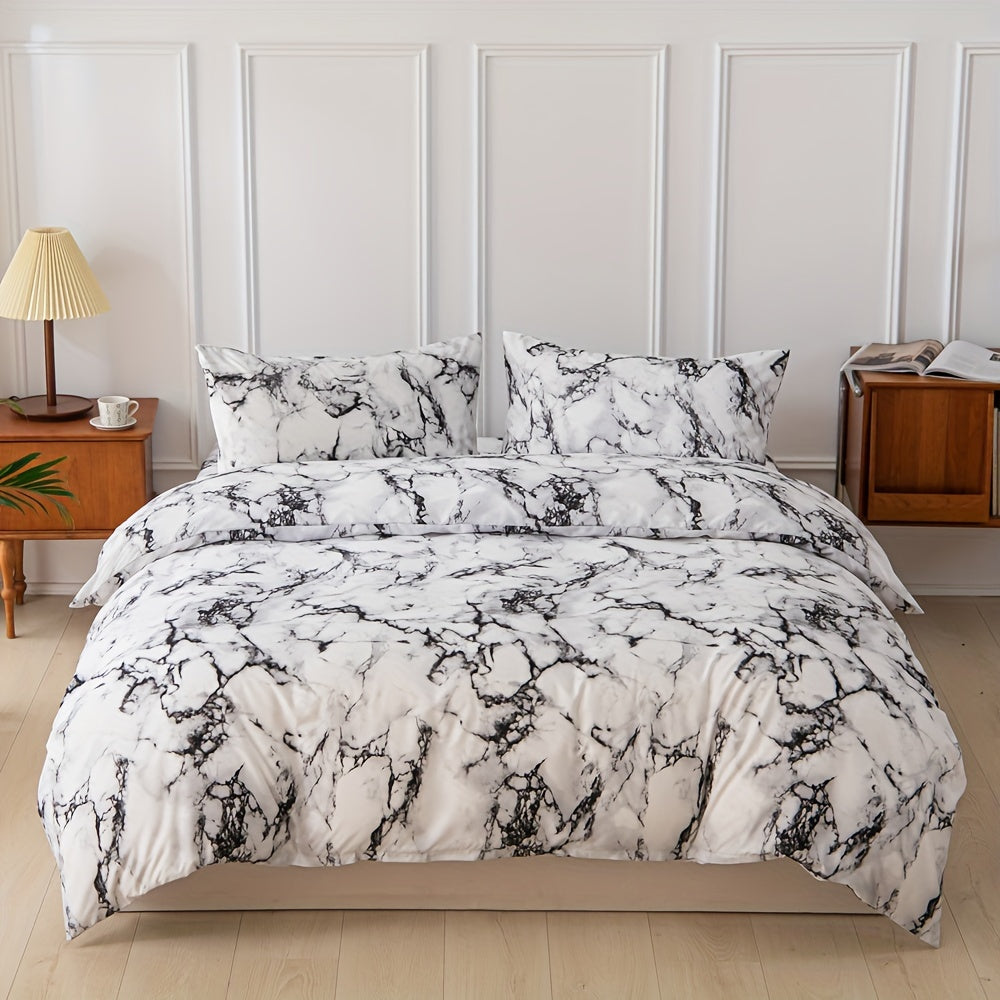 Black and White Marble Print Bedding Set 3 Piece Polyester Duvet Cover and Pillowcases