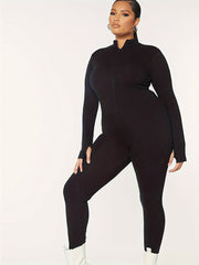 Plus Size Women's Solid Zip Up Long Sleeve Jumpsuit