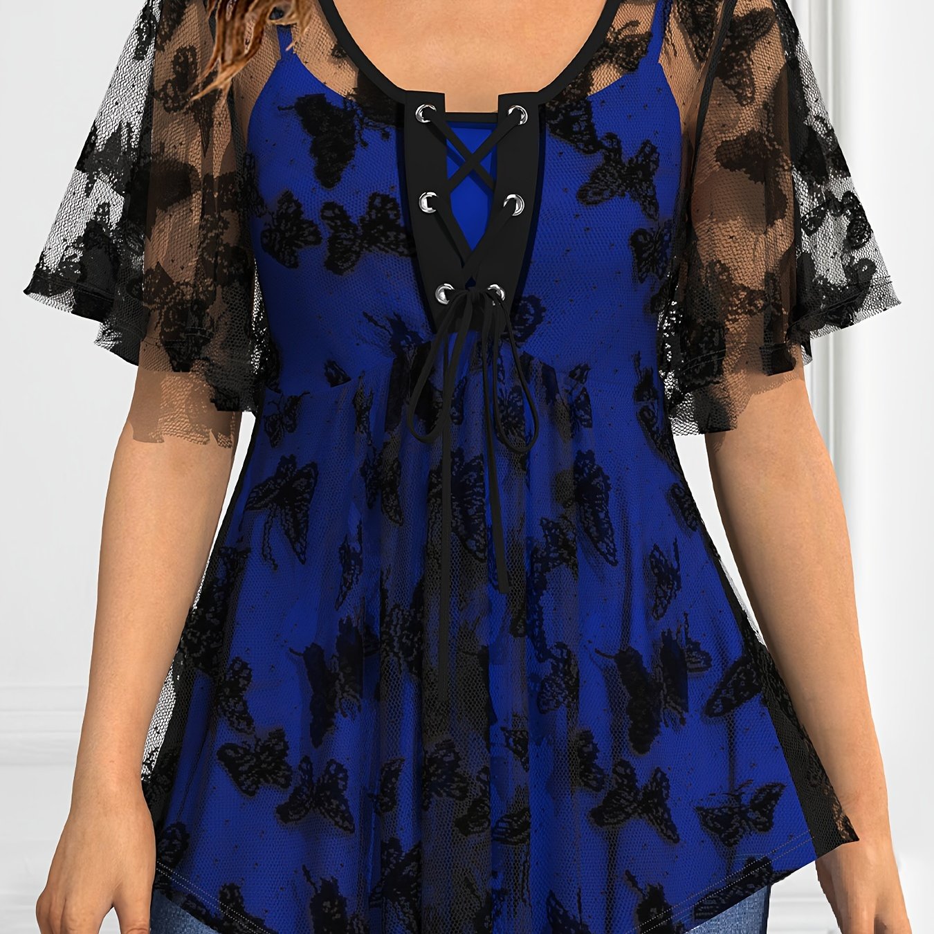 Women's Plus Size Butterfly Pattern Short Sleeve Top Lace Up Lace Top