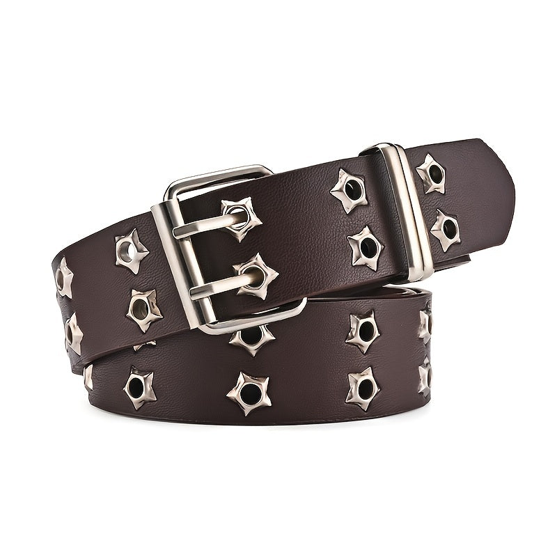 Unisex Party Belt with Double Pin Buckle and Star Eyelet Design