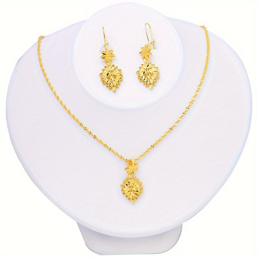 Gold Plated Leaf Jewelry Set Earrings and Necklace for Weddings Formal Occasions