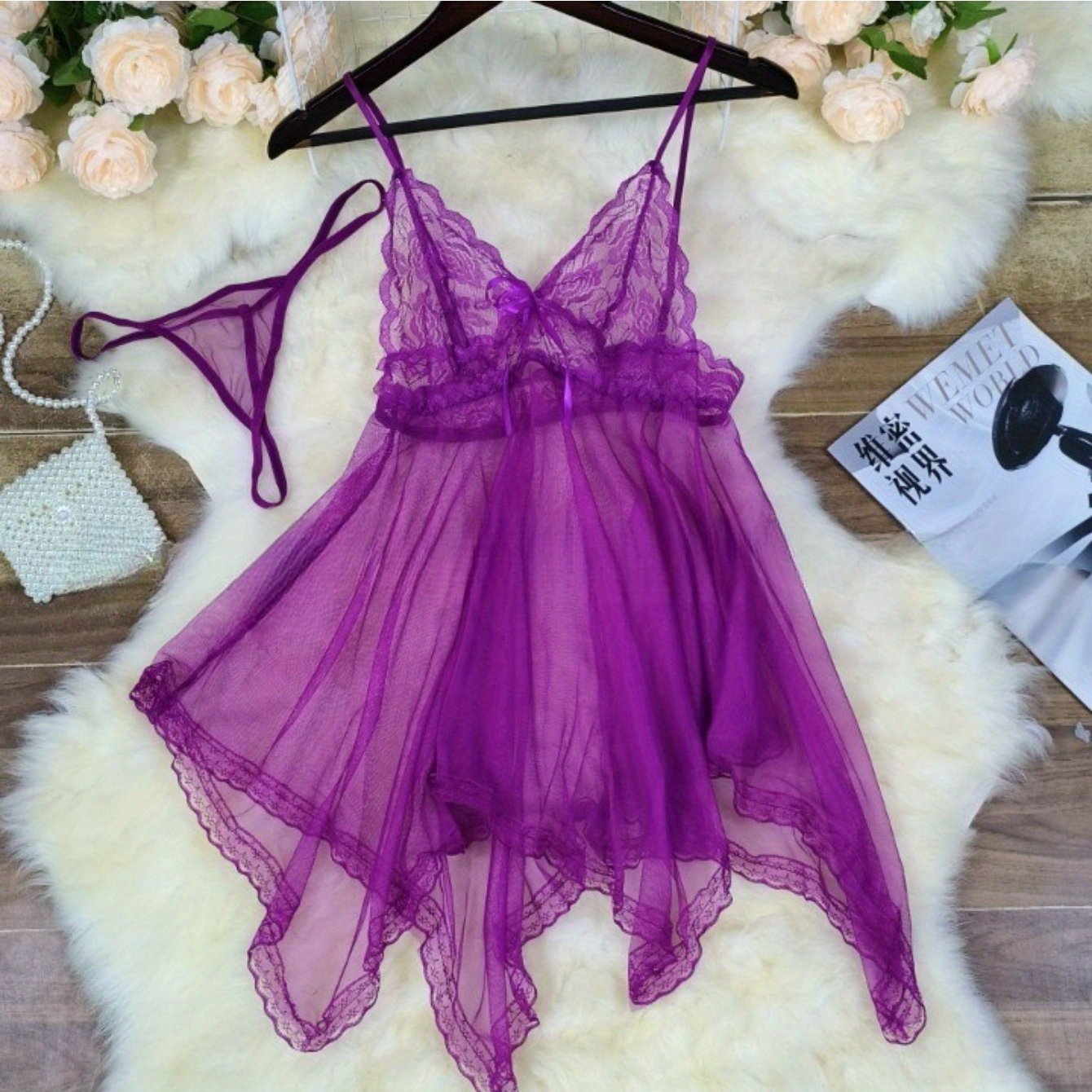 Deep V Sheer Lace Velvet Nightgown with T-Pants for Women