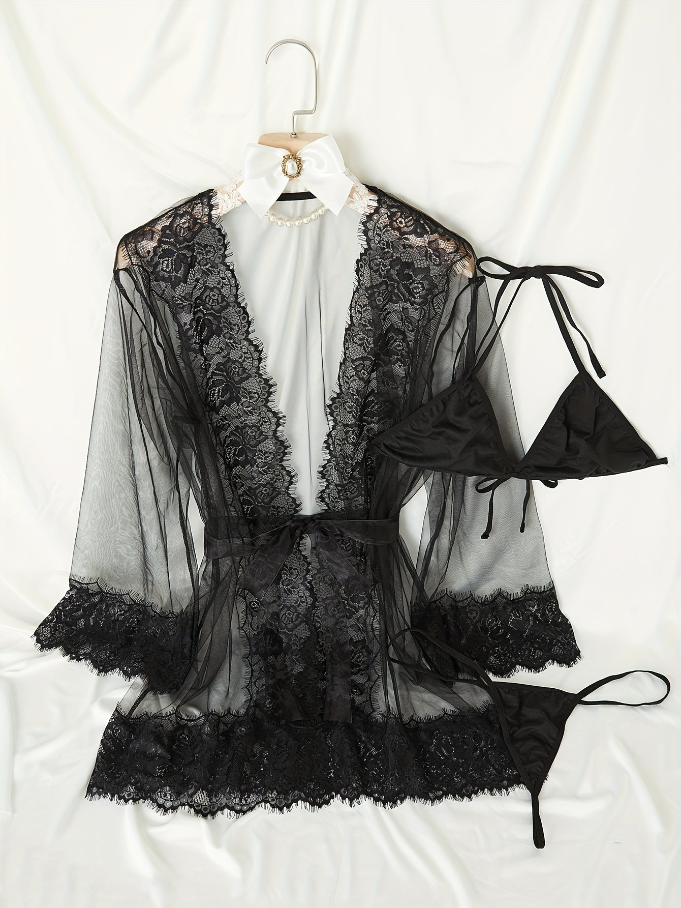 Plus Size Lingerie Set Women's Contrast Lace Semi Sheer Robe Bra Thong