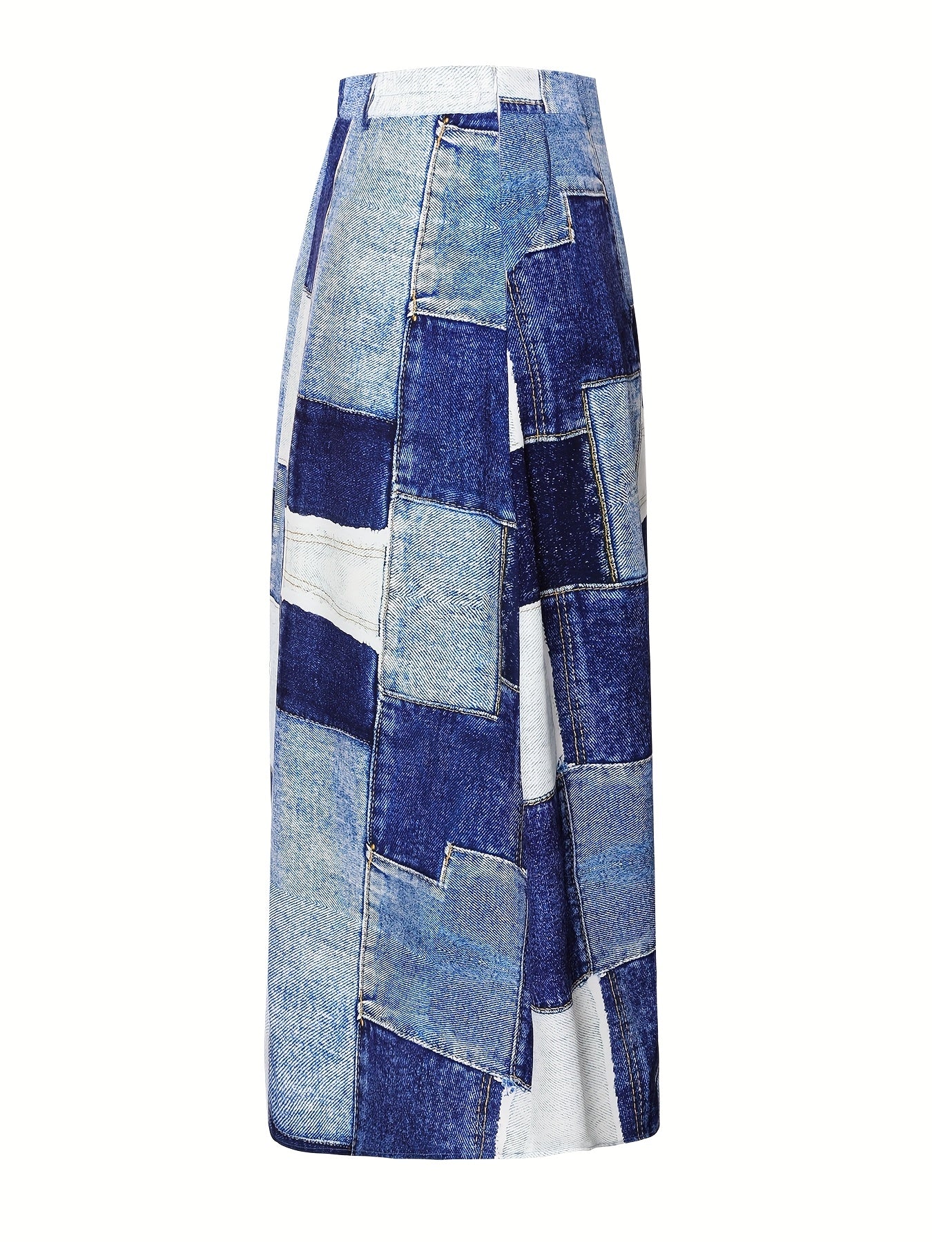 Plus-Size Denim Print Maxi Skirt with Pockets and Zipper