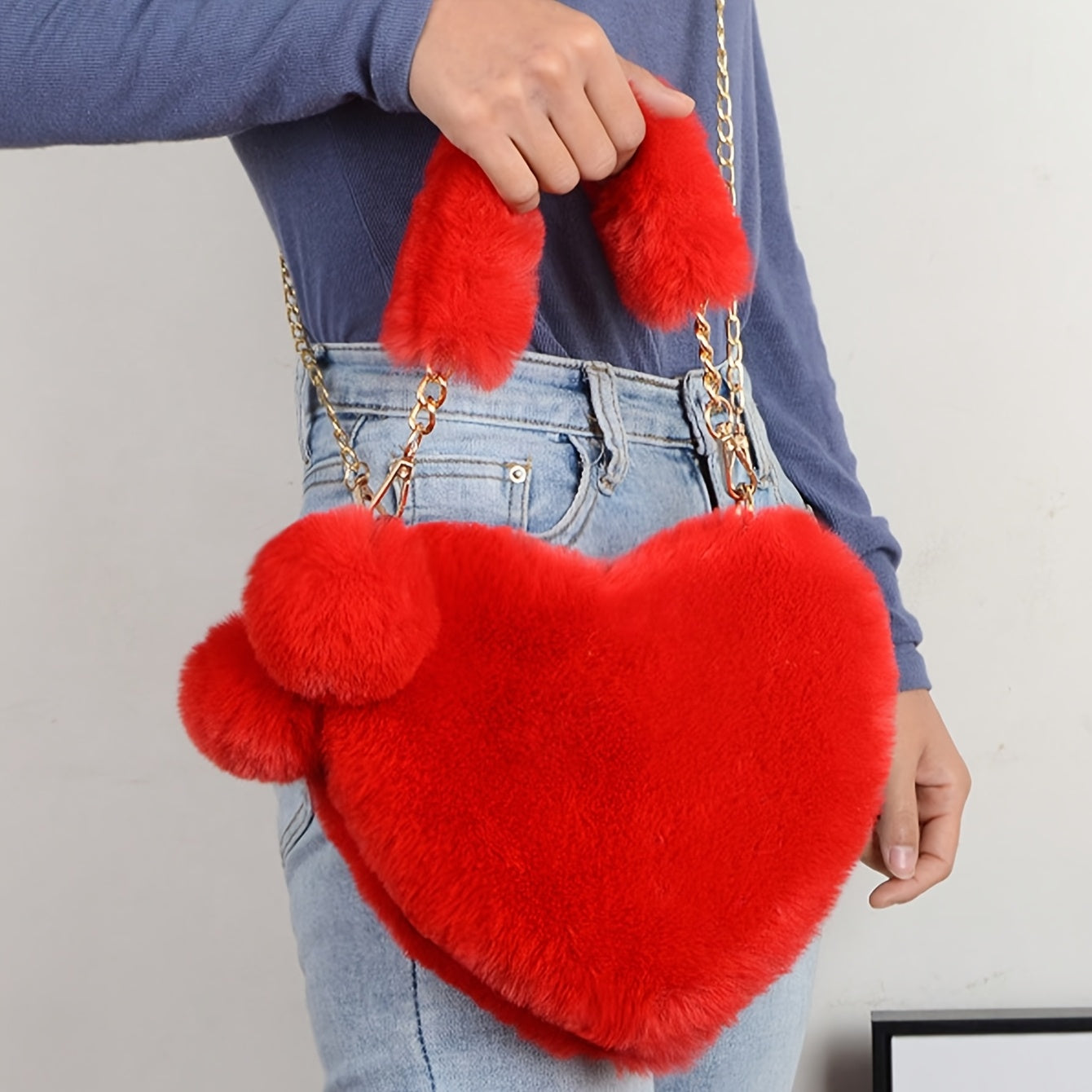 Elegant Heart-Shaped Plush Shoulder Bag with Zipper and Detachable Strap for Valentine's Day in Black White Red Khaki