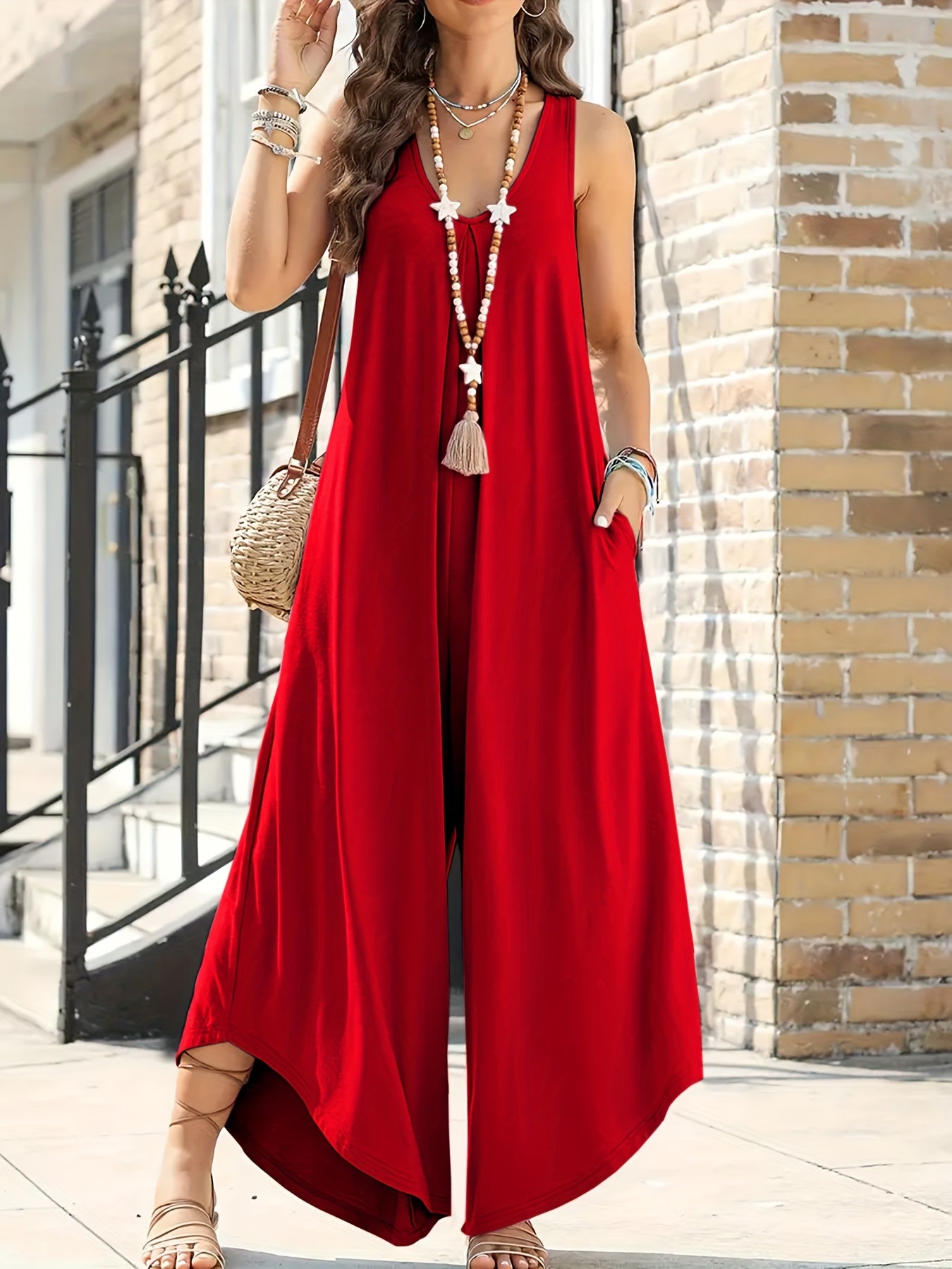 Women's Plus Size V-Neck Jumpsuit with Pockets, Wide Leg, Solid Red