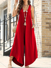 Women's Plus Size V-Neck Jumpsuit with Pockets, Wide Leg, Solid Red