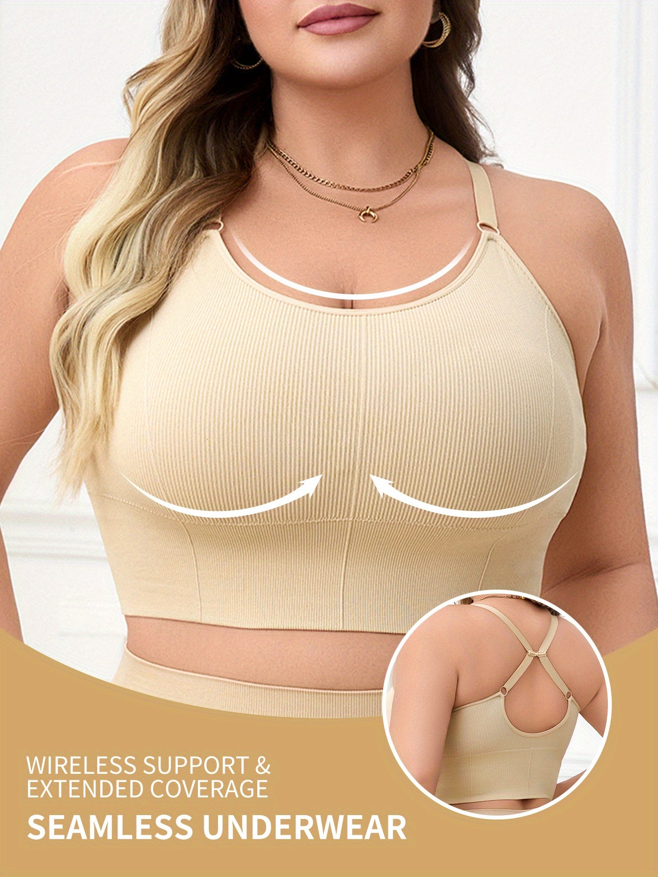 Plus Size Seamless Wireless Support Bra Soft Beige Extended Coverage Yoga Daily Wear
